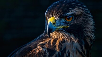 Close-up of a fierce eagle's head with amber eye, curved beak, and dark brown plumage, intense gaze