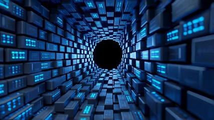 Abstract tunnel of digital data in blue tones, illustrating modern technology and data flow. - Powered by Adobe