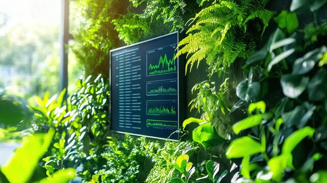 A digital screen shows data analytics while surrounded by various plants in a bright and modern office space