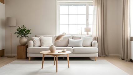 Living Room Interior with Couch, Table, and Neutral Color Scheme