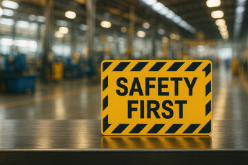 Yellow safety first sign in factory background. workplace warning for industry health and caution showing awareness