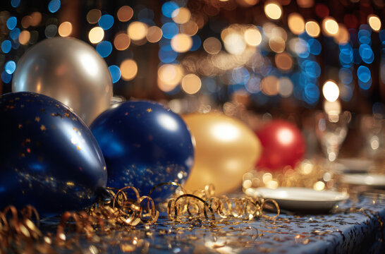 Blue balloon gold confetti party table bokeh lights celebration vibe