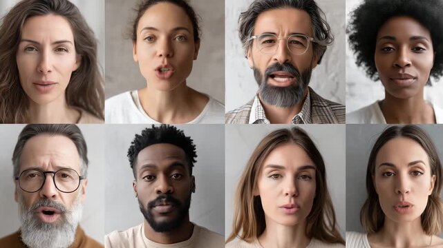A collection of diverse people talking during video call meeting in a contemporary studio. Modern communication