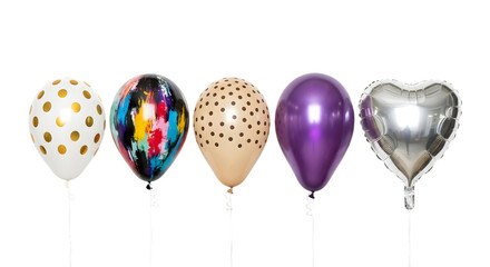 Row of diverse party balloons for festive celebration isolated on transparent background