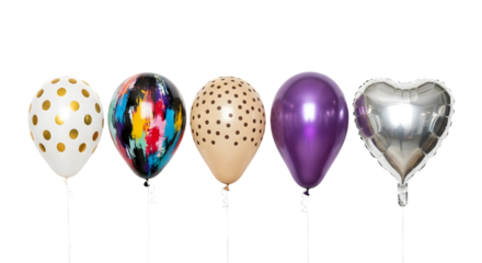 Row of diverse party balloons for festive celebration isolated on transparent background