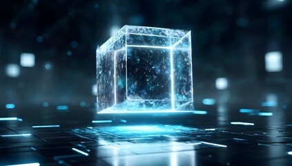 Futuristic glowing holographic cube structure floating above a circuit board with digital data streams and abstract light effects in a dark environment
