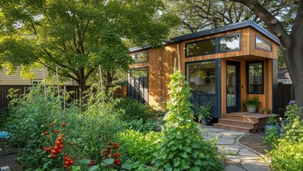 Modern tiny house with lush vegetable garden in suburban backyard