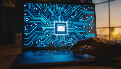 Engaging with cutting-edge technology, coding with vibrant circuit board graphics on laptop, pushing innovation forward, embracing a digital future now
