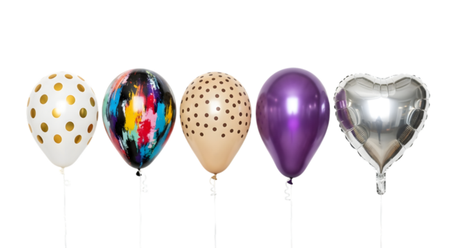 Row of diverse party balloons for festive celebration isolated on transparent background
