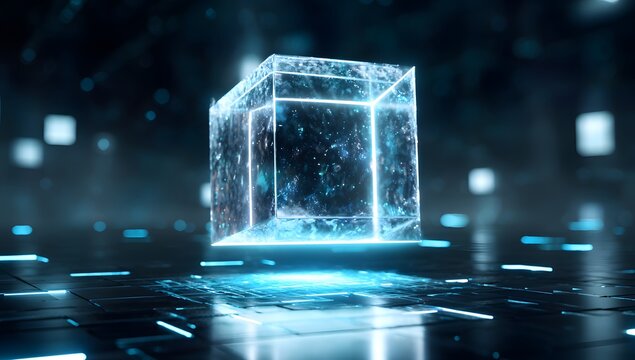 Futuristic glowing holographic cube structure floating above a circuit board with digital data streams and abstract light effects in a dark environment - Powered by Adobe
