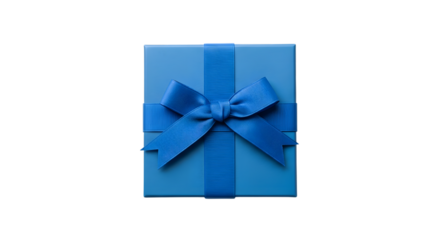 Elegant blue gift box with decorative ribbon and bow isolated on transparent background