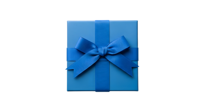 Elegant blue gift box with decorative ribbon and bow isolated on transparent background