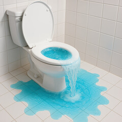 Frustrating overflow from clogged toilet creates messy bathroom flood. This plumbing emergency needs urgent repair