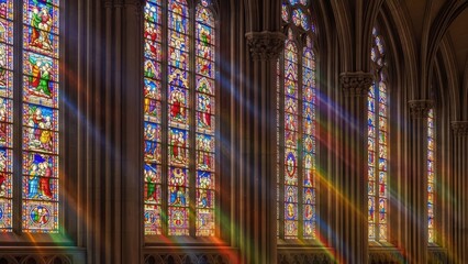 Fototapeta premium Gothic cathedral stained glass windows with sunlight rays