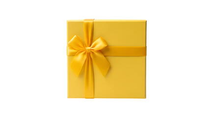 Elegant yellow gift box with a satin ribbon and bow isolated on transparent background