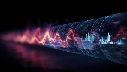 Abstract visualization of a digital data stream flowing through a futuristic glowing conduit with vibrant energy waves and intricate patterns representing information transfer