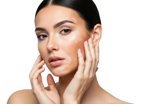 Woman with vitiligo touching her face isolated on transparent background