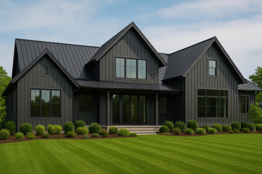 Stately modern black farmhouse with metal roof and green lawn. Serene home exterior beautiful real estate building