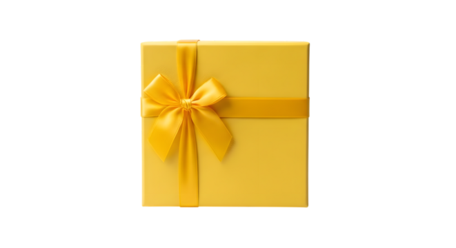 Elegant yellow gift box with a satin ribbon and bow isolated on transparent background - Powered by Adobe