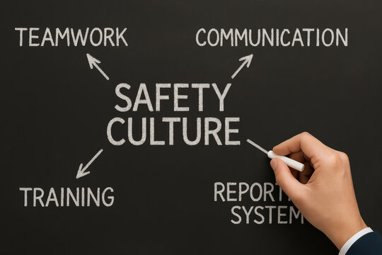 Serious safety culture concept for workplace. diagram showing teamwork, communication, and training on blackboard