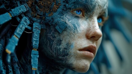 Futuristic Cyborg Face Profile with Blue Circuitry Skin and White 3D Wireframe Mesh. Digital Avatar Creation Concept