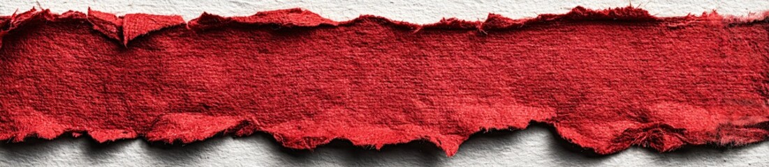 Striking deep red textured torn paper strip overlaying a light rough background surface