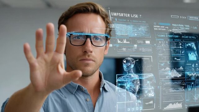 Visionary Tech: A focused individual wearing augmented reality glasses, interacting with holographic interfaces, indicating future tech solutions and modern technological