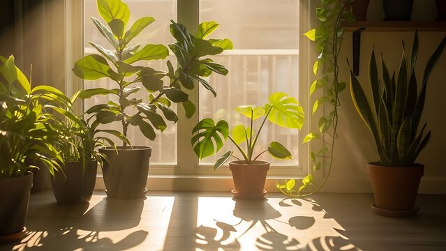 Potted Plants by Window with Sunlight Streaming Through