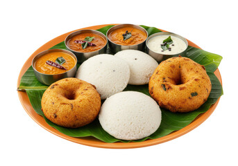 South indian breakfast platter with idli, vada, and sambar isolated on transparent background