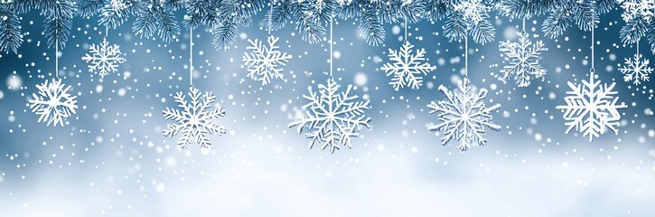 White decorative snowflakes hang against a blue snowy winter background with falling snow