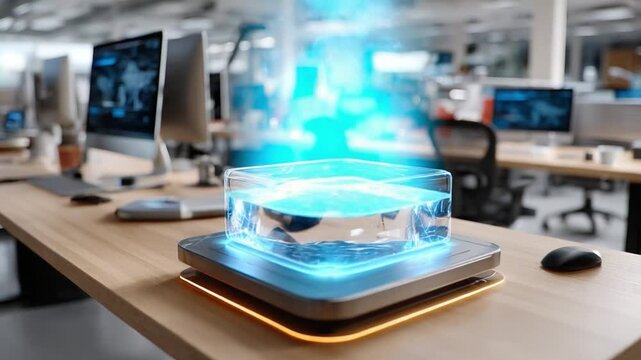 Tech Vision: Futuristic office setting featuring a holographic projection of data or information, illuminated with bright blue light, symbolizing the cutting edge of technology and information.