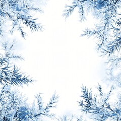 Obraz premium Frost covered evergreen branches frame a bright white central copy space in winter