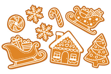 Holiday baking collection featuring glazed biscuits. Gingerbread houses, Santa sleighs with gifts, snowflakes, trees and candy canes for festive treat.