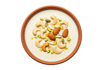 Kheer dessert with nuts and pistachios isolated on transparent background