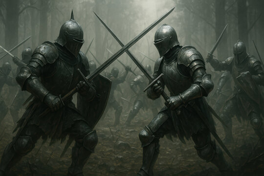 Intense medieval battle with knight in armor holding sword during fantasy conflict in dark mysterious forest