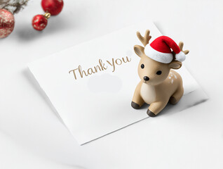 Stylish Christmas Thank You Card with Cute Reindeer Figurine Wearing Santa Hat on White Background
