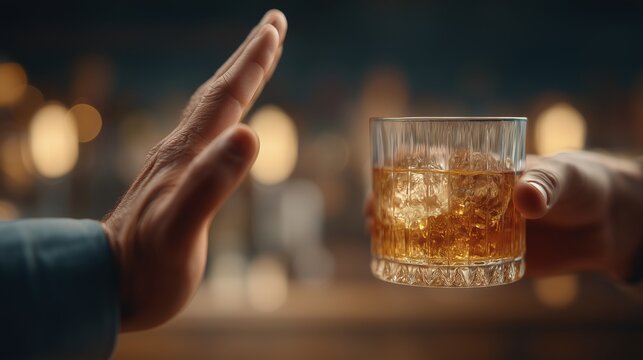 Symbolic image of alcohol abstinence, close-up of a person's hand making a stop gesture in front of another hand offering a glass of whiskey with ice.