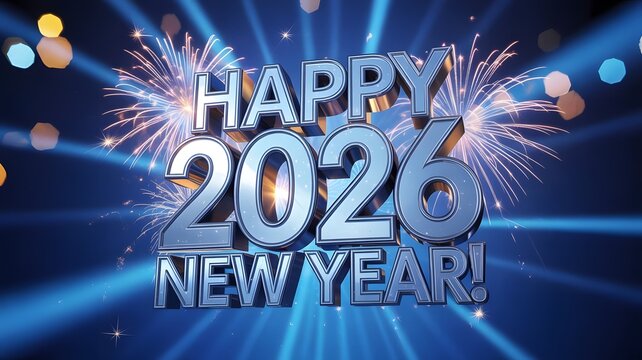 Happy 2026 New Year 3D Text Fireworks Blue Background – 4K Design