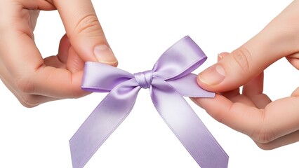 Hands tying a beautiful lavender satin ribbon into a perfect bow