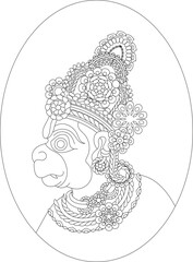 Vibrant traditional illustration of Lord Hanuman in a dynamic dancing pose, adorned with ornate jewelry, bright colors, and folk art detailing symbolizing strength and devotion.