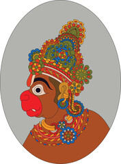 Vibrant traditional illustration of Lord Hanuman in a dynamic dancing pose, adorned with ornate jewelry, bright colors, and folk art detailing symbolizing strength and devotion.