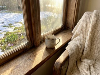 Cozy winter-to-spring morning window atmosphere with gentle soft light, warm indoor textures and subtle seasonal shift creating peaceful mood for inviting commercial lifestyle imagery