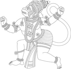 Vibrant traditional illustration of Lord Hanuman in a dynamic dancing pose, adorned with ornate jewelry, bright colors, and folk art detailing symbolizing strength and devotion.