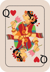 Detailed Indian line art illustration styled as a traditional playing card, featuring an ornate mythological warrior king design in black and white with intricate decorative elements.