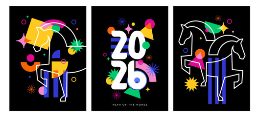 Modern colorful geometric banner templates for Chinese New Year 2026 - Year of the Horse. social media promotional content social media promotional content