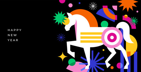 Modern geometric horizontal banner for Chinese New Year 2026 - Year of the Horse. social media promotional content