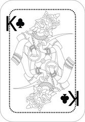 Detailed Indian line art illustration styled as a traditional playing card, featuring an ornate mythological warrior king design in black and white with intricate decorative elements.