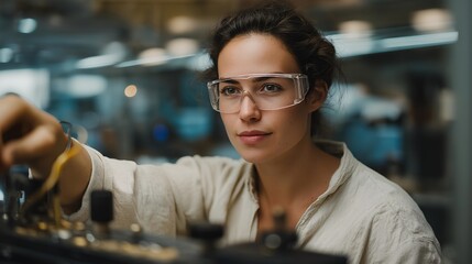 A scientist regulating a laser experiment from behind protective glass, calibrated knobs and digital sliders ensuring perfect alignment &mdash; lab precision, optical control, and cutting-edge research