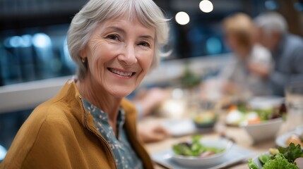 A senior woman laughing with friends during a healthy cooking workshop, bowls of fresh ingredients spread across a communal table — social wellness, nutrition education, and community-based senior