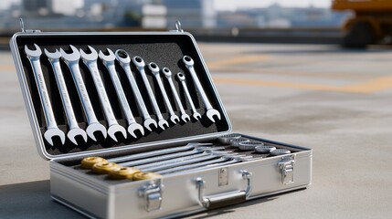 A stainless steel toolbox opened on a construction site, each tool arranged neatly against the bright metal interior as sunlight hits the surface — professional craftsmanship, heavy-duty tools, and